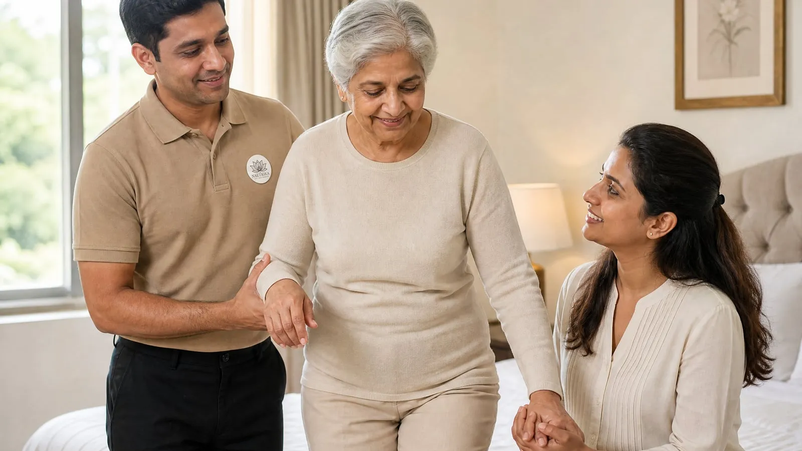 A Naetrika caregiver and family member supporting an elderly woman as she walks at home
