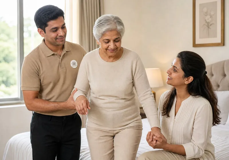 A Naetrika caregiver and family member supporting an elderly woman as she walks at home