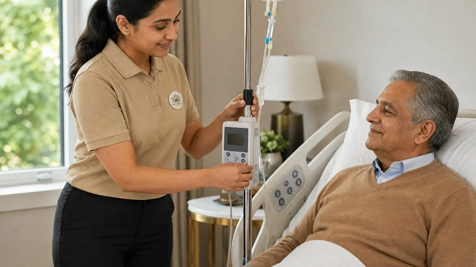 A Naetrika caregiver managing home medical equipment beside an elderly patient in bed