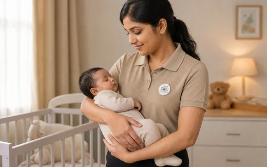 A Naetrika attendant holding a sleeping newborn in the nursery