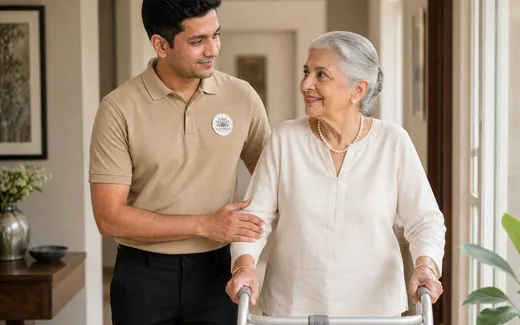A Naetrika caregiver assisting an elderly woman with a walker during recovery at home