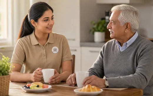 A Naetrika caregiver sharing breakfast and conversation with an elderly man at home