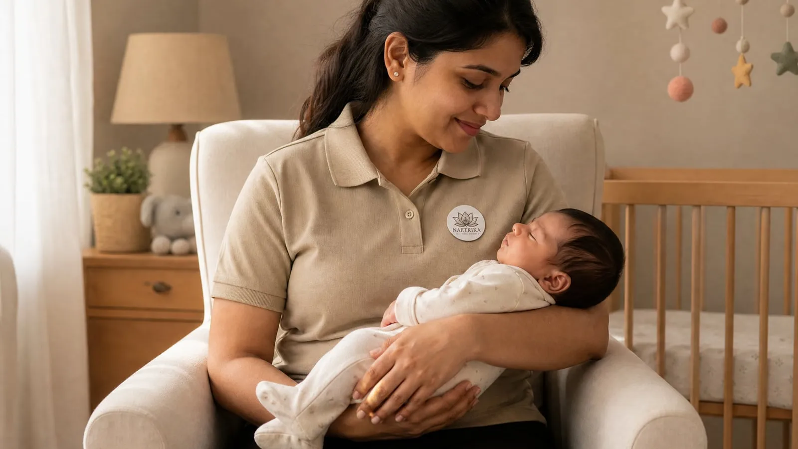 A Naetrika Japa attendant cradling a sleeping newborn in the nursery